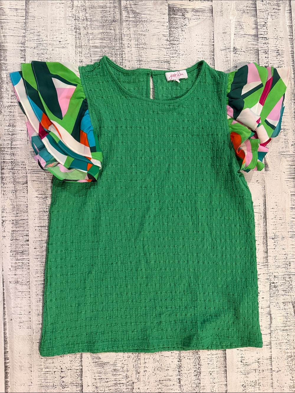 Green Textured Blouse with Multicolor Ruffle Sleeves